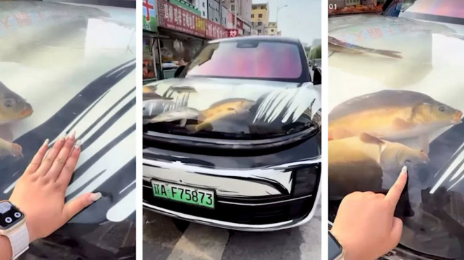 Modifikasi mobil listrik menjadi akuarium berjalan.