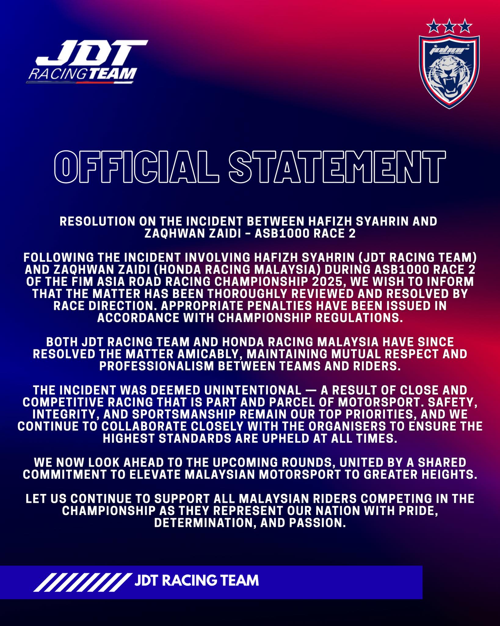 Insiden Hafizh, Zaqhwan – JDT dan Honda Tidak Panjangkan Isu