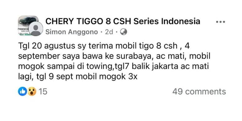 Chery, Chery Sales Indonesia, Chery Tiggo 8 CSH, Tiggo 8 CSH, Kronologi Keluhan Pemilik Chery Tiggo 8 CSH dan Respon Chery Indonesia