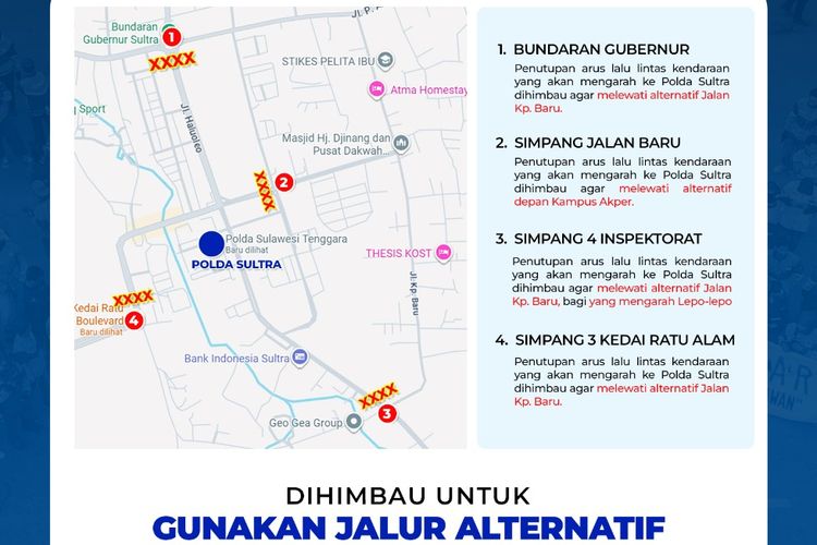 Demo kendari, demo 1 september, Jalur alternatif demo kendari, 4 Jalan di Sekitar Mapolda Sultra Ditutup Sementara, Ini Jalan Alternatifnya