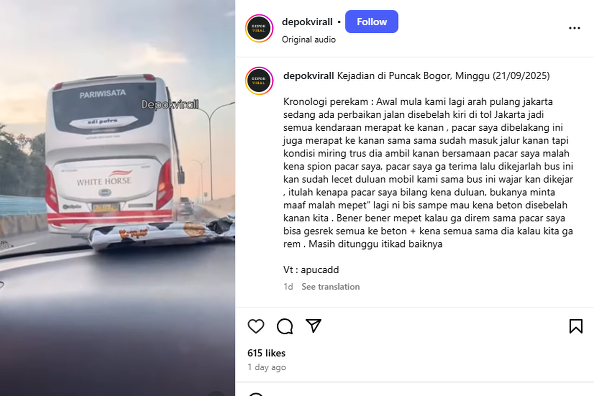 Viral Video Bus White Horse Senggol Mobil di Tol: Ini Klarifikasi Perusahaan