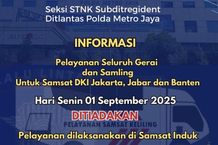 Layanan SIM Jakarta hari ini, Layanan STNK Jakarta hari ini, Layanan SIM STNK Jakarta Libur, Pelayanan SIM dan STNK di Gerai Keliling Ditiadakan Sementara, Hanya di Samsat Induk