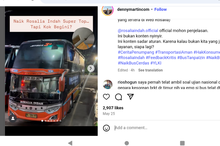 Denny Martin, bus Rosalia Indah, bus rosalia indah, keluhan penumpang, kecoa dalam bus, Pengalaman Buruk Penumpang Bus: Kecoa dan Kurangnya Respon