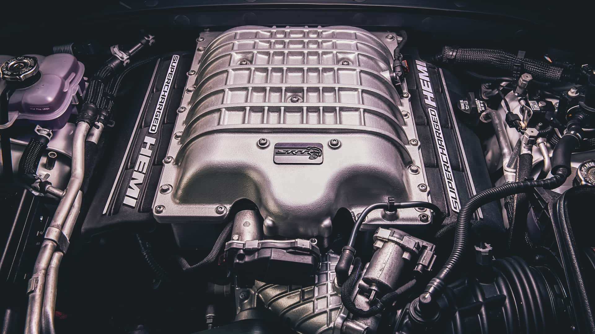 dodge hellcat supercharged v-8 engine bay