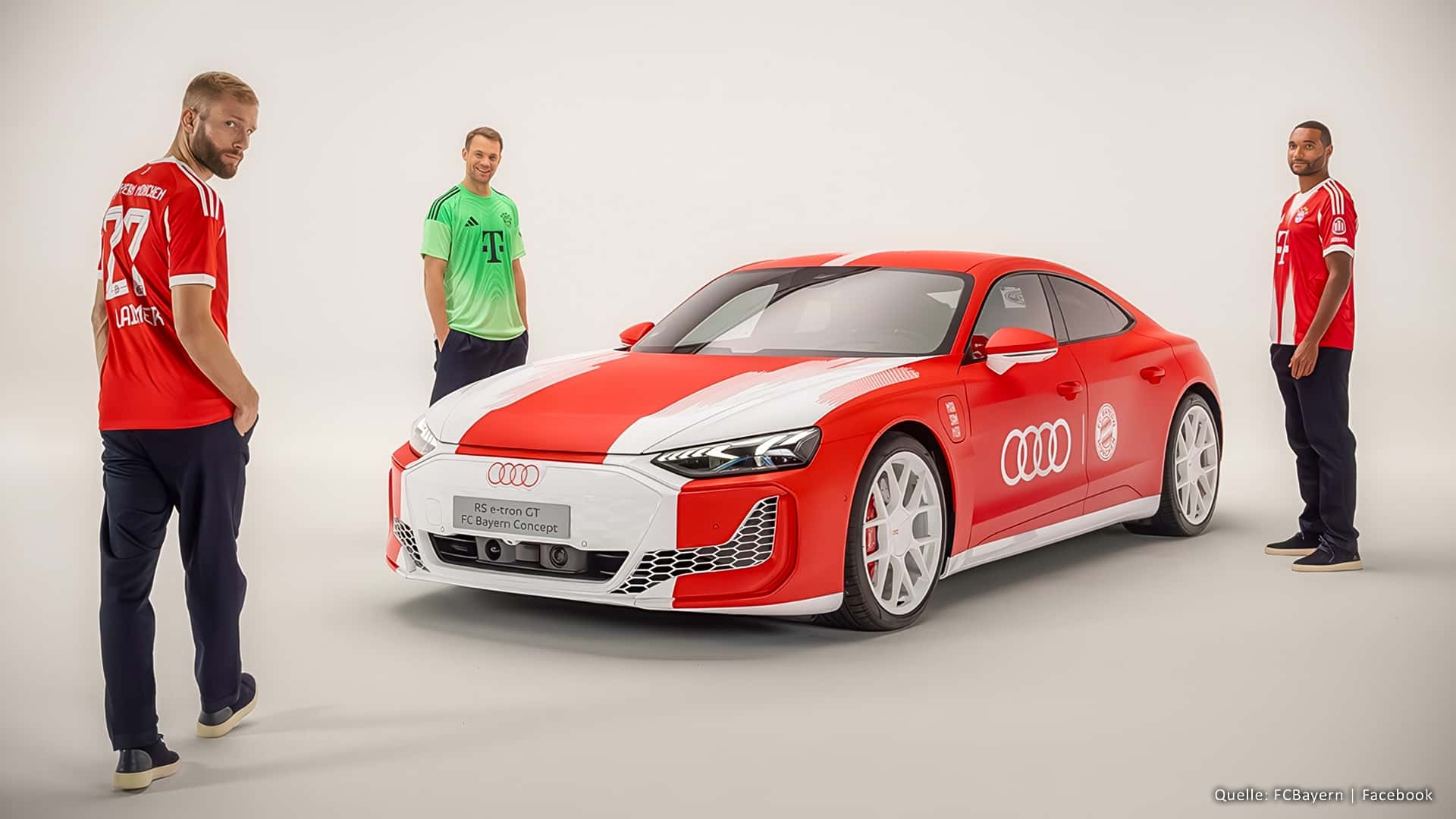 Konrad Laimer, Manuel Neuer und Jonathan Tah mit dem Audi RS e-tron GT FC Bayern Concept