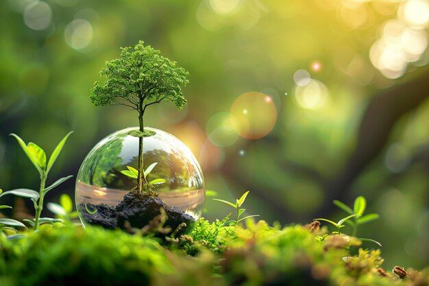 This may contain: a small tree in a glass ball with moss on the ground and sunlight shining through it