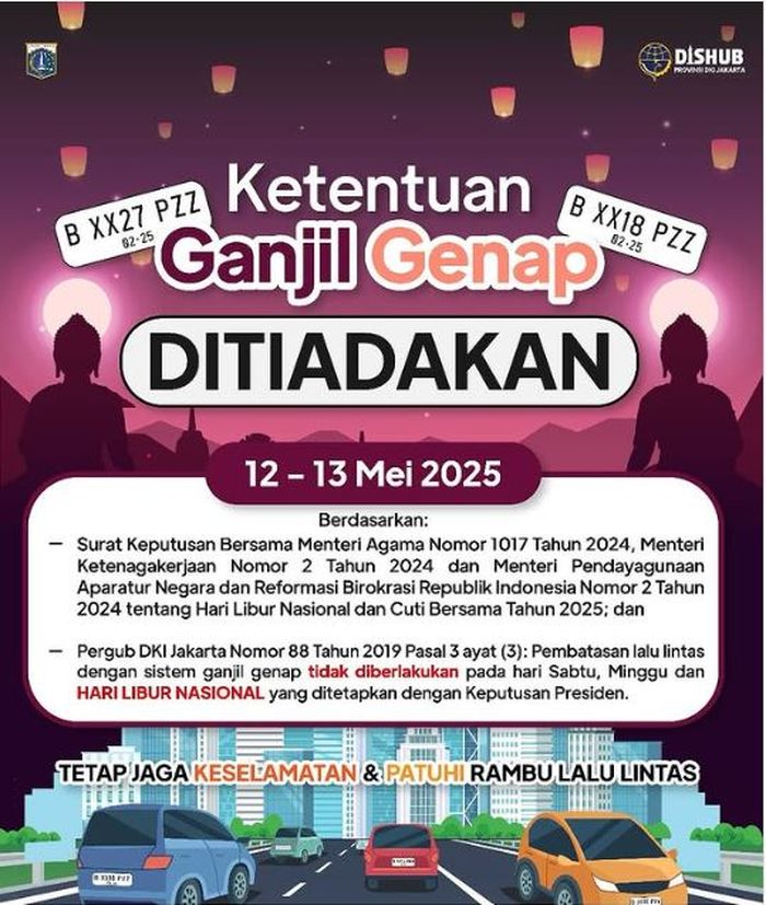 pelat nomor, Ganjil Genap Jakarta, Ganjil Genap Ditiadakan, Ganjil Genap Libur, Hari Raya Waisak 2025, Minggu Depan Pengintai Angka Pelat Nomor di Jakarta Cuma Kerja 3 Hari, Ini Sebabnya