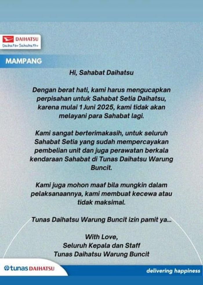 jakarta selatan, dealer, Tunas Daihatsu, Warung Buncit, Dealer Tunas Daihatsu Warung Buncit Pamit, Sampaikan Hal Ini