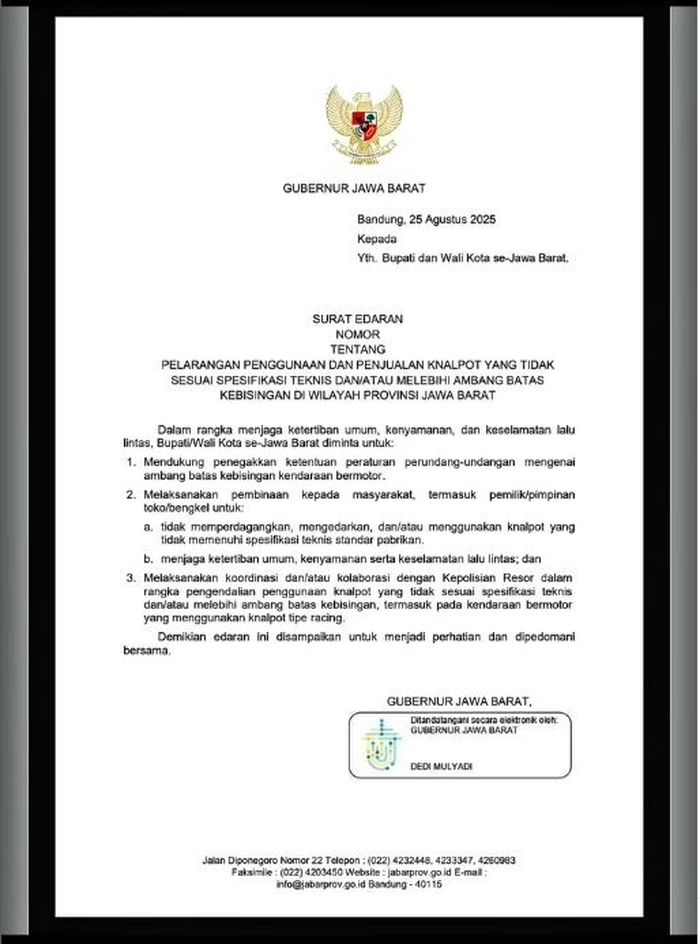 dedi mulyadi, knalpot racing, Knalpot Brong, dilarang jual knalpot brong, Surat Edaran Dedi Mulyadi, Dedi Mulyadi Bikin Gebrakan Baru, Terbitkan SE Dilarang Jual dan Pakai Knalpot Racing