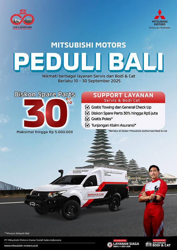 mitsubishi, banjir Bali, Mitsubishi Peduli Banjir Bali, Diskon Onderdil Mitsubishi, Diskon Suku Cadang Mitsubishi, Mitsubishi Peduli Banjir Bali, Harga Servis, Oli Sampai Onderdil di Pulau Dewata Diskon Rp 5 Juta