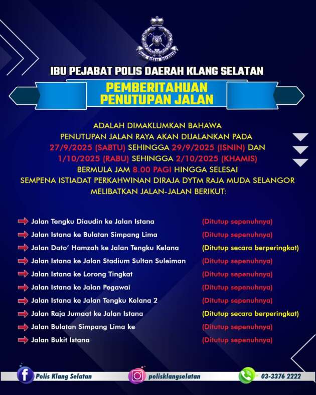 Klang road closures Sept 27-29, October 1-2 for DYTM Raja Muda Selangor royal wedding – full schedule here