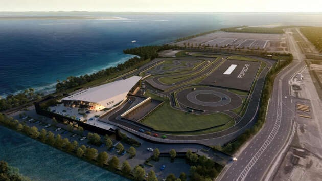 Porsche Experience Centre Singapore shows tight circuit, drift circle, Yas Marina-style flyover building
